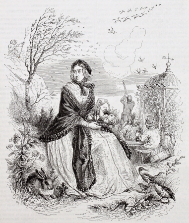 Autumn allegoric representation. Created by Grandville, published on Magasin Pittoresque, Paris, 1844のeditorial素材