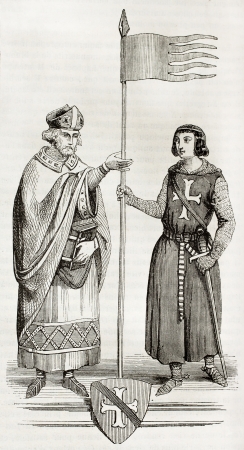Henri of Metz receiving the Oriflamme. Created by Montfaucon, published on Magasin Pittoresque, Paris, 1844のeditorial素材
