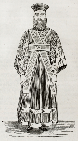 Old illustration of Greek orthodox lower deacon vestment. Created by Durand, published on Magasin Pittoresque, Paris, 1844のeditorial素材