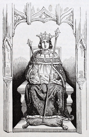 Saint Louis in royal costume. Reproduction of a glass-window in Saint-Louis de Poissy church. Published on Magasin Pittoresque, Paris, 1844のeditorial素材