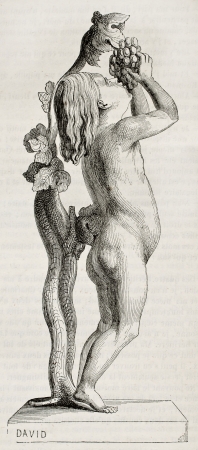 Boy and grape marble statue, old illustration. Sculpted by d'Angers, published on Magasin Pittoresque, Paris, 1845のeditorial素材