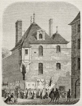 Old corner house in Paris, antique illustration (rue Jacob, rue Saint-Benoit). Created by Brugnot, published on Magasin Pittoresque, Paris, 1845のeditorial素材