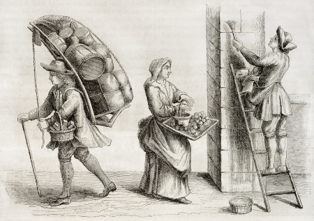 Old illustration of bill sticker and other characters in antique print of 18th century by unidentified author. Published on Magasin Pittoresque, Paris, 1850のeditorial素材