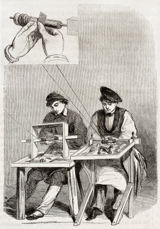 Old illustration of burnishin workshop in antique needle factory. By unidentified author, published on Magasin Pittoresque, Paris, 1850のeditorial素材