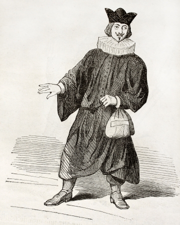 Old illustration of man in carnival costume drawn from a 17th century peinture in Bonnardot collection. By unidentified author, published on Magasin Pittoresque, Paris, 1850のeditorial素材