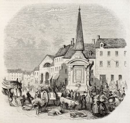 Old illustration of market place in Gournay, France. Created by Ponetenier, published on Magasin Pittoresque, Paris, 1850のeditorial素材