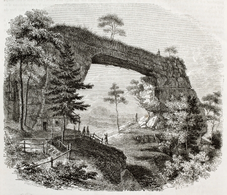 Old illustration of Prebischthor, a colossal natural arch, in Saxon Switzerland, Germany. Created by Freeman, published on Magasin Pittoresque, Paris, 1850のeditorial素材