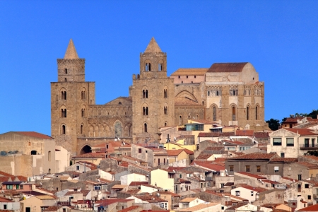 Cathedral towering over the city in Cefal, Sicilyの写真素材