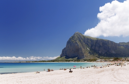 San Vito lo Capo beach and Monte Monaco in background, north-western Sicily.の写真素材