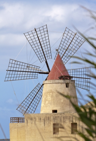 Windmill in Marsala saltern, Sicilyの写真素材