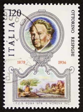 ITALY  CIRCA 1979: a stamp printed in Italy celebrates the first centenary of the birth of Ottorino Respighi (1879 - 1936), famous Italian composer, musicologist and conductor. Italy, circa 1979のeditorial素材