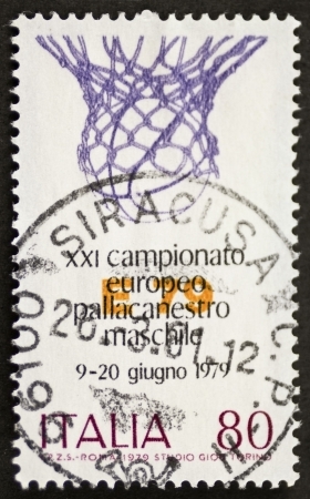 ITALY  CIRCA 1979: a stamp printed in Italy celebrates Italian basketball championship showing image of a basketball basket. Italy, circa 1979のeditorial素材