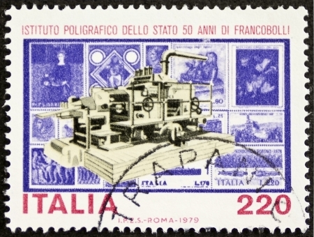 ITALY  CIRCA 1979: a stamp printed in Italy celebrates Italian State Mint and Polygraphic Institute. Italy, circa 1979のeditorial素材