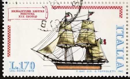 ITALY  CIRCA 1978: a stamp printed in Italy shows image of  Brigantino Ligure Fortuna (Luck Ligurian Brigantine). Italy, circa 1978のeditorial素材