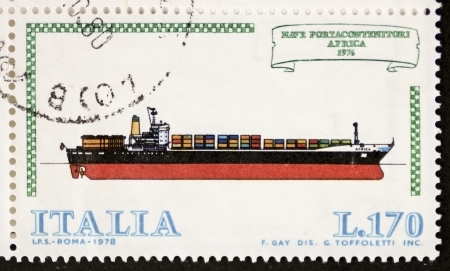 ITALY  CIRCA 1978: a stamp printed in Italy shows image of  Container ship. Italy, circa 1978のeditorial素材