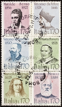 ITALY CIRCA 1978: a block of six stamps printed in Italy shows portraits of  famous Italians: Serao, Vittorino da Feltre, Vittorio Emanuele, Pio IX, Malpighi and Meucci. Italy, circa 1978のeditorial素材