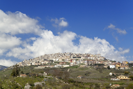 View of Prizzi, small town on the top of an hill, Sicilyの写真素材