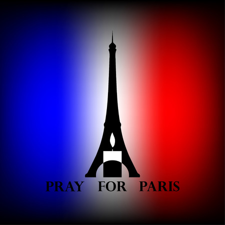 Eiffel tower with black and white candle and text Pray for Paris at France flag backgroundのイラスト素材