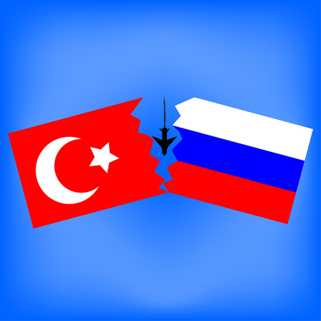 Turkish and Russian flag with the downed aircraft. Vector illustration.のイラスト素材