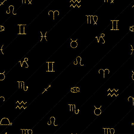 Golden glitter zodiac signs seamless pattern. Vector pattern.のイラスト素材