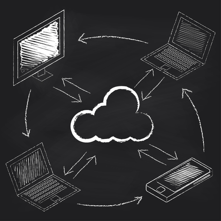 Cloud services on blackboard written with chalk. Vector illustration.のイラスト素材
