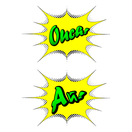 Emotion "Ouch!" in the pop art style. A speech bubble with the "Ouch!" emotion in the English and Russian languages. Speech bubble pop art style. Vector speech bubble with an exclamation of "Ouch!".のイラスト素材