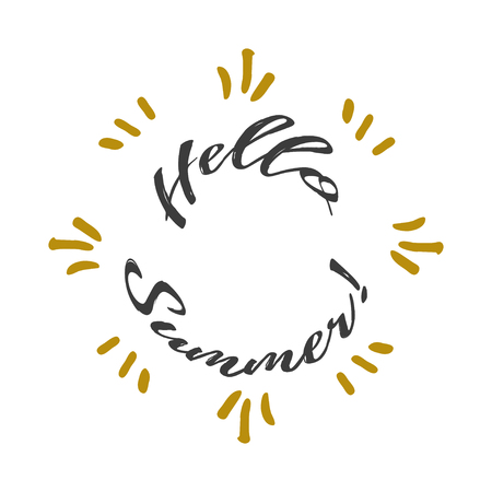 Hello summer vector lettering background. Phrase "Hello Summer" and sun rays. Seasonal vector background.のイラスト素材