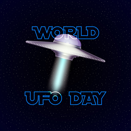 Vector poster for world ufo day with aliens spaceship on stars background.のイラスト素材