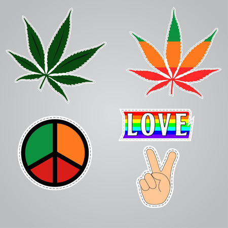 Set of patches with cannabis, peace sign, love on rainbow and hand. Vector badges.のイラスト素材
