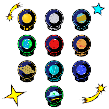 Fashionable patch badge for kids. Patch badges with planets of solar system, stars, comets and alien spaceship. Vector patch.のイラスト素材