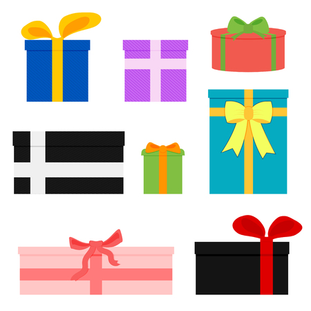 Vector set of different colorful gift boxes. Gift boxes isolated on white.のイラスト素材