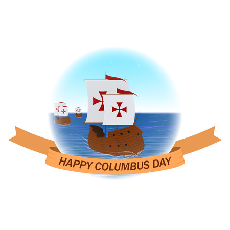 Happy Columbus day background with ships or caravels and ribbon. Columbus day vector illustration.のイラスト素材