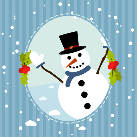 Happy snowman greets you. Christmas background with snowman. Retro style card for the New Year or Christmas. Vector illustration.のイラスト素材