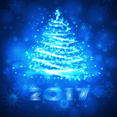 Winter blue background with snowflakes and Christmas tree. Template for Christmas and New Year greeting card. Vector Illustration.のイラスト素材