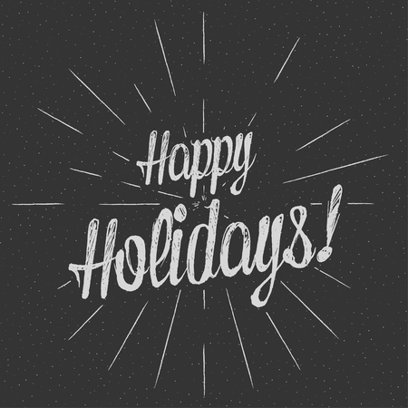 Monochrome text Happy Holidays for greeting card, flyer, poster logo with text lettering, light rays of burst. Vector illustration.のイラスト素材