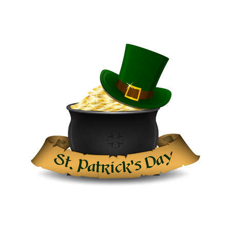 St. Patrick's Day symbols - leprechaun hat and pot of gold. Isolated on white background. Vector illustrationのイラスト素材