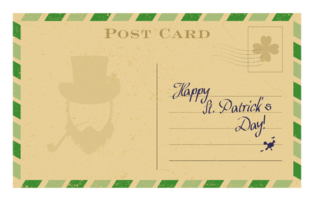 Old postcard with leprechaun silhouette and green frame. St. Patrick's greeting card template. Grunge paper vintage post card. Isolated on white vector illustration.のイラスト素材