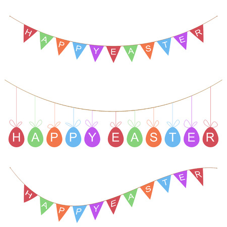 Easter party decoration elements. Eggs garland and flags isolated on white background.のイラスト素材