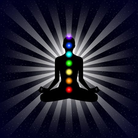 Meditation design concept. Silhouette in lotus position with seven chakras over night sky background. Vector illustration.のイラスト素材