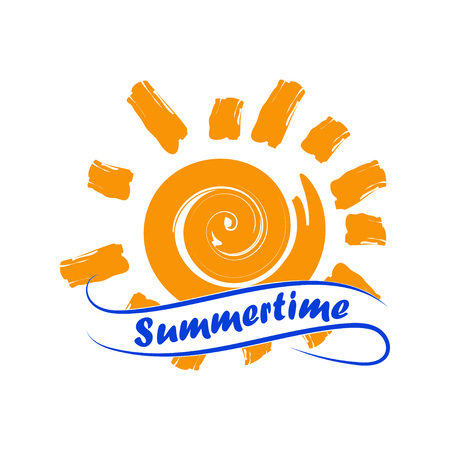 Vector sun with summertime lettering on ribbon. Isolated on white background.のイラスト素材