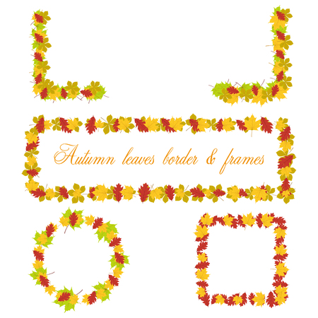 Set of vector borders, banner and frame with colorful autumn leaves. Elements for your autumn design. Isolated on white.のイラスト素材