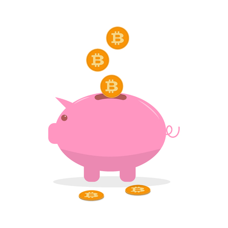 Vector pink money box with bitcoin coin. Cryptocurrency concept.のイラスト素材