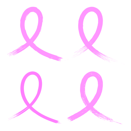 Set of different vector pink ribbons. Breast cancer awareness month symbols. Isolated on white background.のイラスト素材