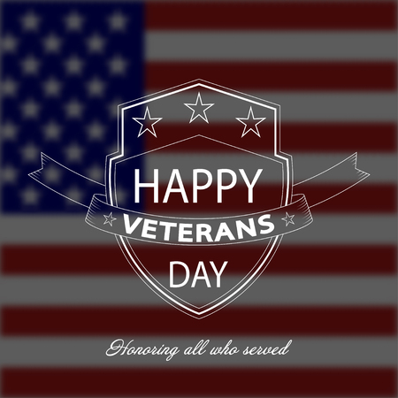 Vector Veterans Day background with white shield and lettering on blurred USA national flag.のイラスト素材