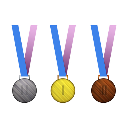 Set of vector medals. Gold, silver and bronze medal on blue and pink ribbon. Isolated on white background.のイラスト素材