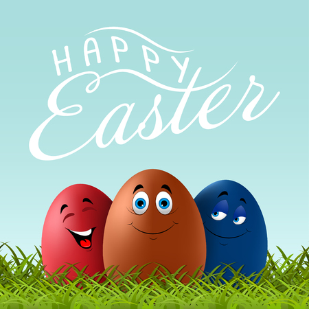 Happy Easter vector lettering with funny smiling Easter eggs on spring green grass background.のイラスト素材
