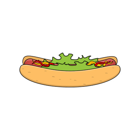 Vector hotdog with sausage, mustard, ketchup and salad. Isolated on white background.のイラスト素材