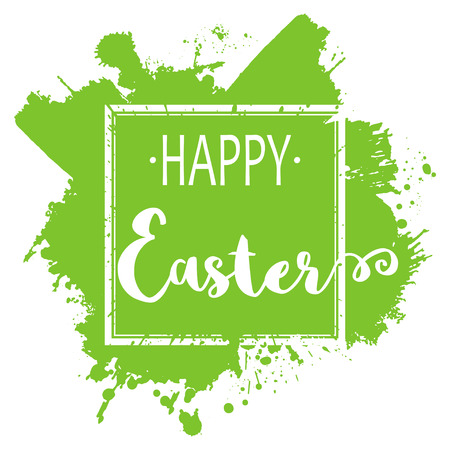 Easter background. Hand-drawn lettering Happy Easter with white frame on green paint background for your Easter design. Isolated on white. Vector.のイラスト素材