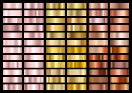 Set of gold rose, gold and copper foil texture gradation background. Metallic gradient swatches. Shiny Metal gradient palette collection. Isolated on black background. Vector.のイラスト素材