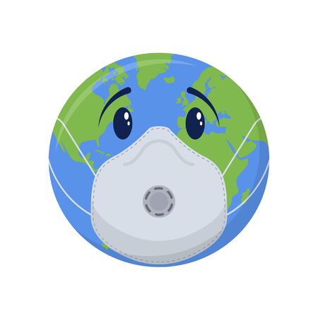 Planet Earth in medical face mask. Pandemic dangerous virus. Global world coronavirus problem. Isolated on white background. Vector.のイラスト素材